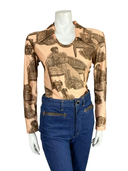 VTG 60S 70S BEIGE GREY EDWARDIAN LADY DOG ROSE GRAPHIC DAGGER T SHIRT 16