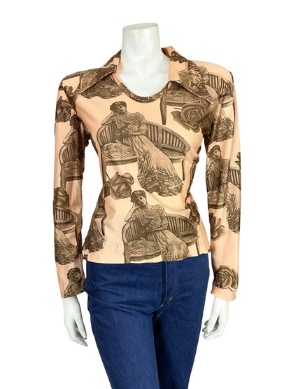 VTG 60S 70S BEIGE GREY EDWARDIAN LADY DOG ROSE GRAPHIC DAGGER T SHIRT 16