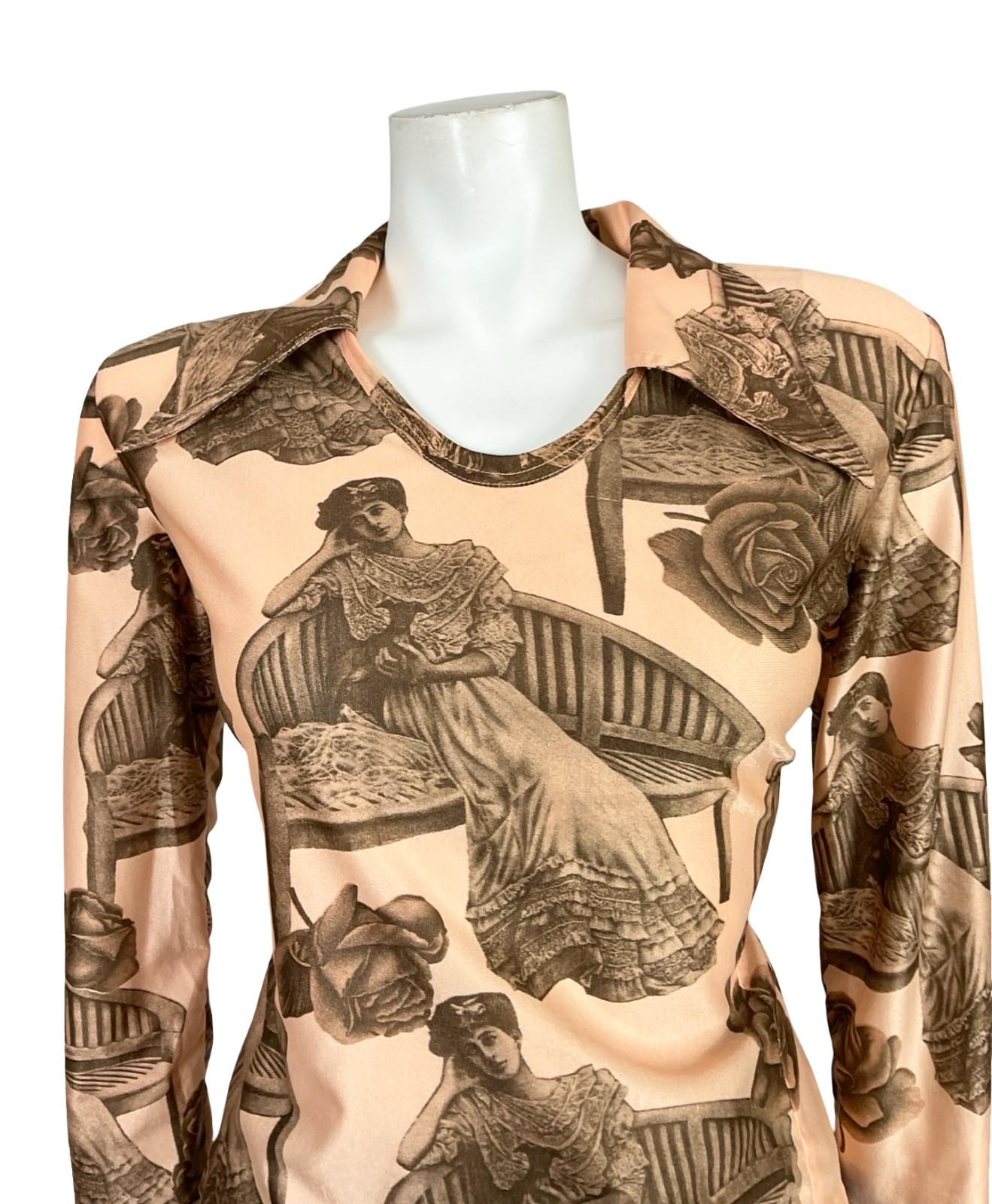 VTG 60S 70S BEIGE GREY EDWARDIAN LADY DOG ROSE GRAPHIC DAGGER T SHIRT 16