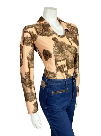 VTG 60S 70S BEIGE GREY EDWARDIAN LADY DOG ROSE GRAPHIC DAGGER T SHIRT 16