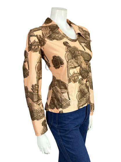 VTG 60S 70S BEIGE GREY EDWARDIAN LADY DOG ROSE GRAPHIC DAGGER T SHIRT 16