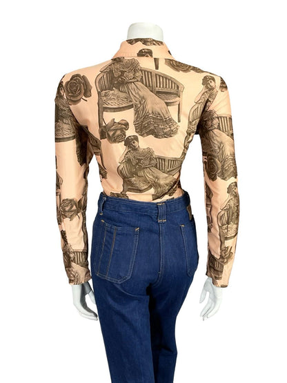 VTG 60S 70S BEIGE GREY EDWARDIAN LADY DOG ROSE GRAPHIC DAGGER T SHIRT 16