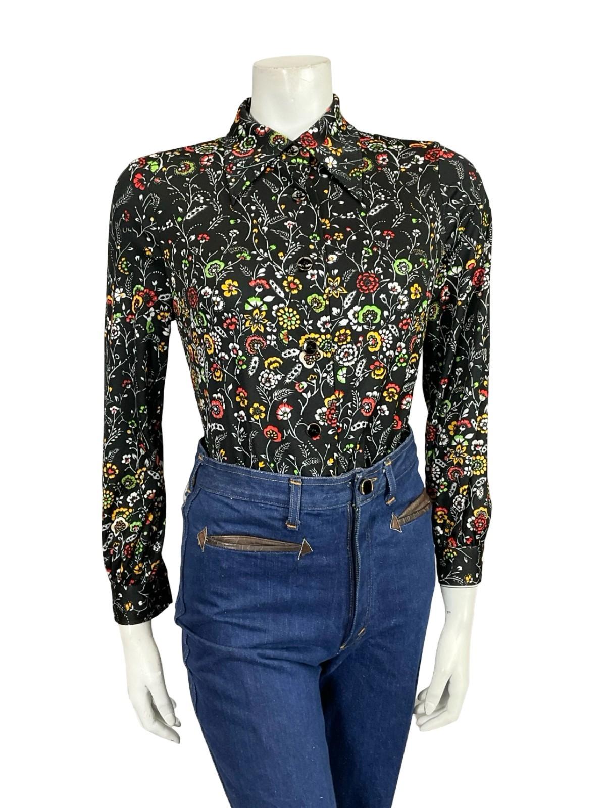 VTG 60S 70S BLACK RED YELLOW WHITE GREEN JAPANESE MOD DAGGER FLORAL SHIRT 10