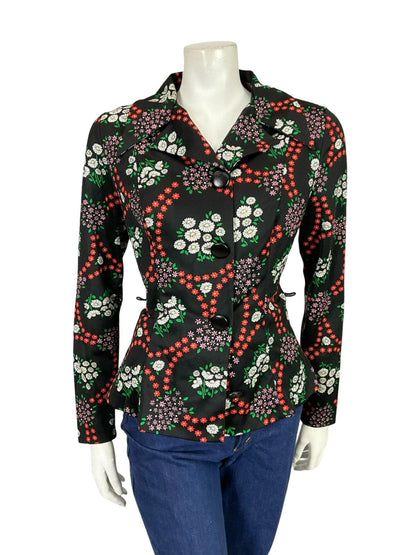 VTG 60S 70S BLACK WHITE RED PINK MOD DAGGER NOTCH LAPEL FLORAL DAISY SHIRT 12