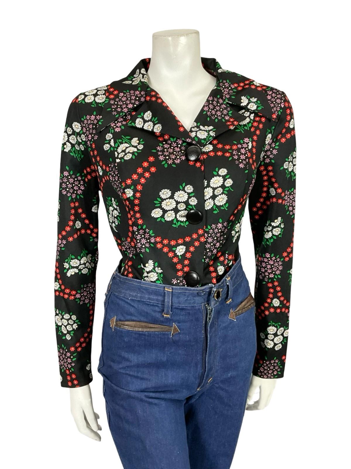 VTG 60S 70S BLACK WHITE RED PINK MOD DAGGER NOTCH LAPEL FLORAL DAISY SHIRT 12