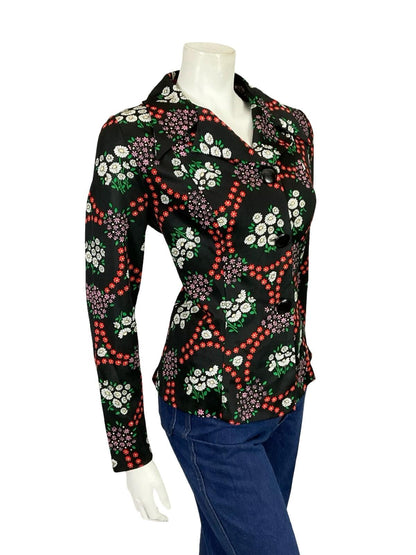 VTG 60S 70S BLACK WHITE RED PINK MOD DAGGER NOTCH LAPEL FLORAL DAISY SHIRT 12