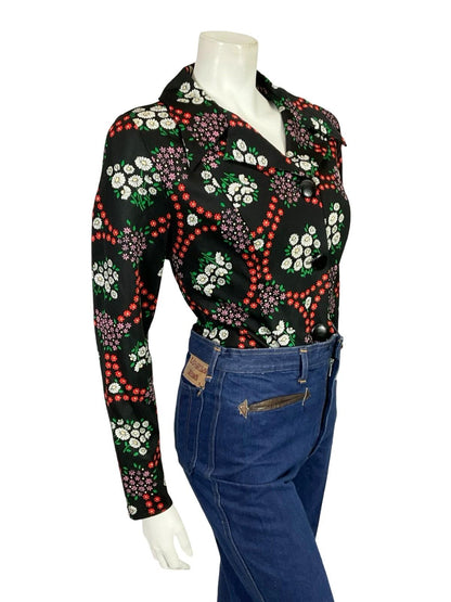 VTG 60S 70S BLACK WHITE RED PINK MOD DAGGER NOTCH LAPEL FLORAL DAISY SHIRT 12