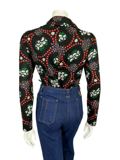 VTG 60S 70S BLACK WHITE RED PINK MOD DAGGER NOTCH LAPEL FLORAL DAISY SHIRT 12