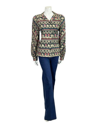 VTG 60S 70S PETER PAN NOTCH GEOMETRIC CREAM RED BLUE STRIPE SQUARE SHIRT 12