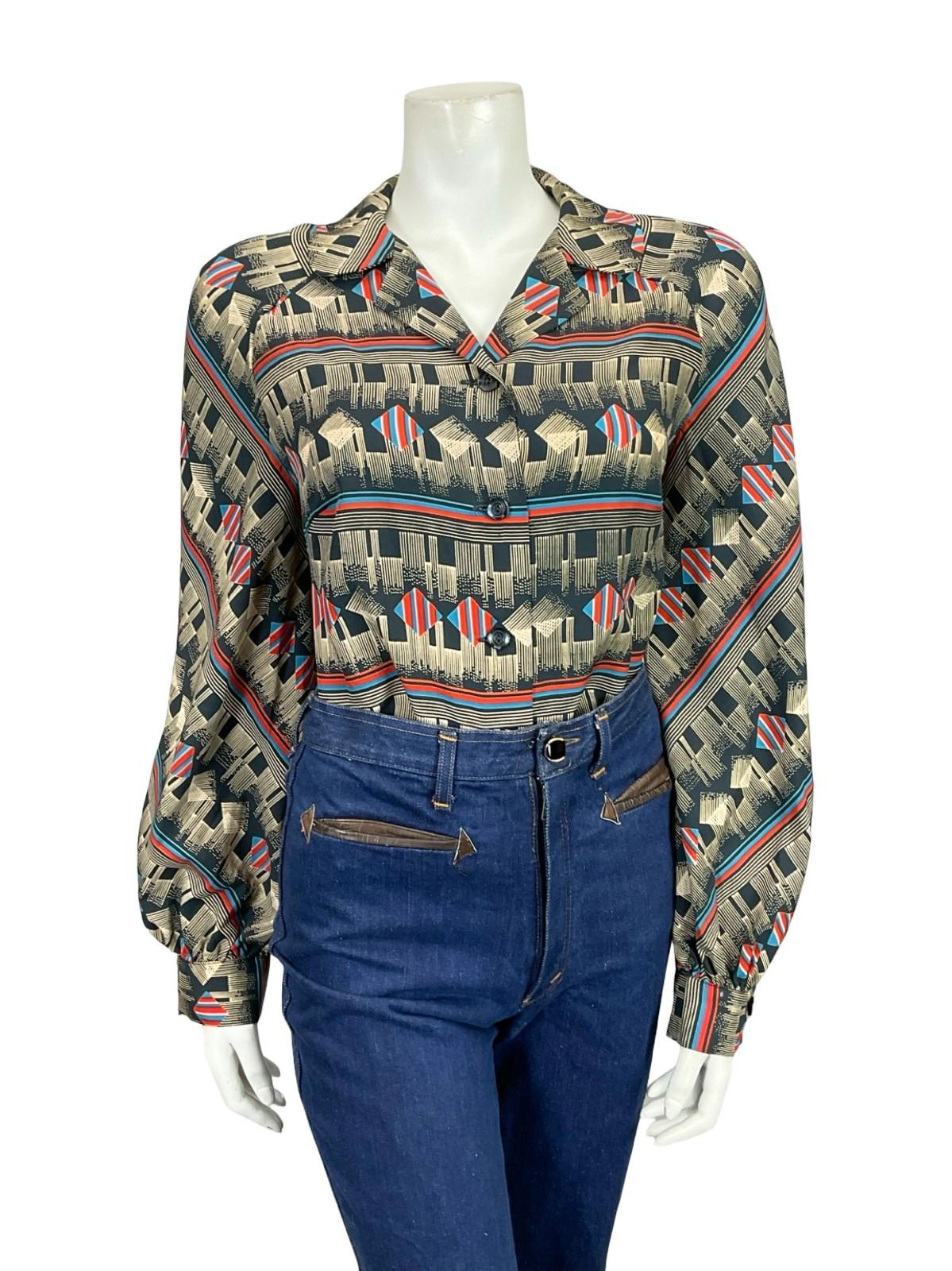 VTG 60S 70S PETER PAN NOTCH GEOMETRIC CREAM RED BLUE STRIPE SQUARE SHIRT 12