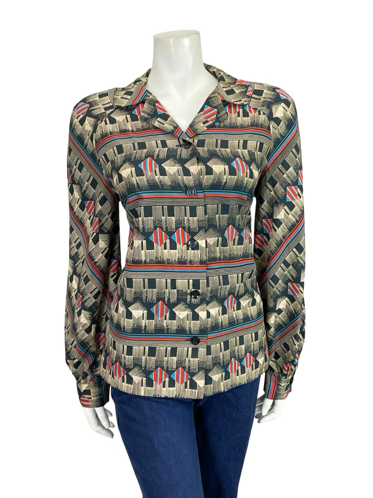VTG 60S 70S PETER PAN NOTCH GEOMETRIC CREAM RED BLUE STRIPE SQUARE SHIRT 12
