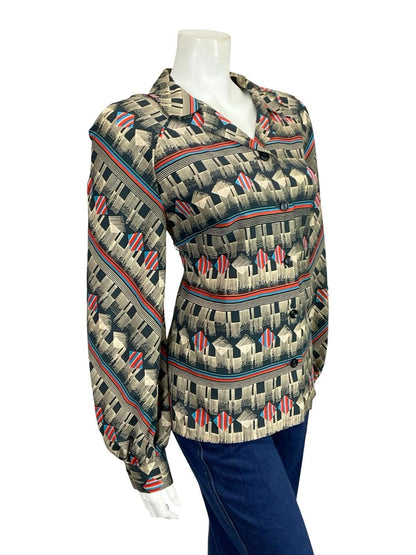 VTG 60S 70S PETER PAN NOTCH GEOMETRIC CREAM RED BLUE STRIPE SQUARE SHIRT 12