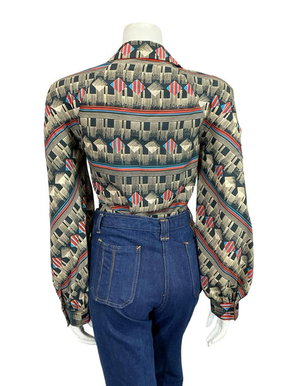 VTG 60S 70S PETER PAN NOTCH GEOMETRIC CREAM RED BLUE STRIPE SQUARE SHIRT 12