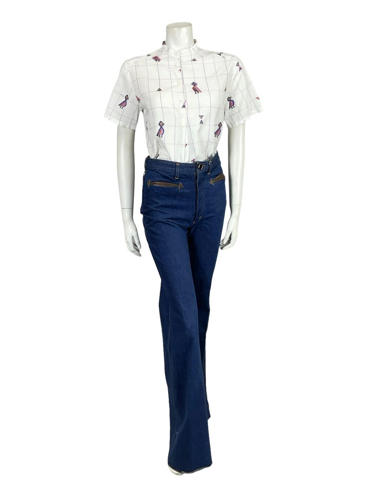 VTG 60S 70S WHITE PURPLE PINK GEOMETRIC GRID BIRD MANDARIN COLLAR CROP SHIRT 12