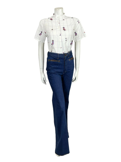 VTG 60S 70S WHITE PURPLE PINK GEOMETRIC GRID BIRD MANDARIN COLLAR CROP SHIRT 12