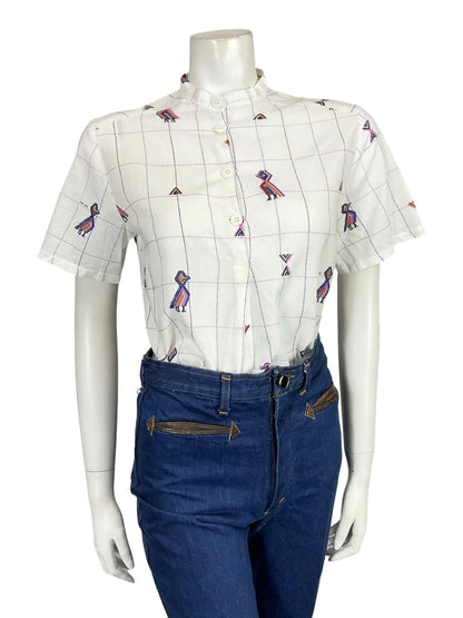 VTG 60S 70S WHITE PURPLE PINK GEOMETRIC GRID BIRD MANDARIN COLLAR CROP SHIRT 12