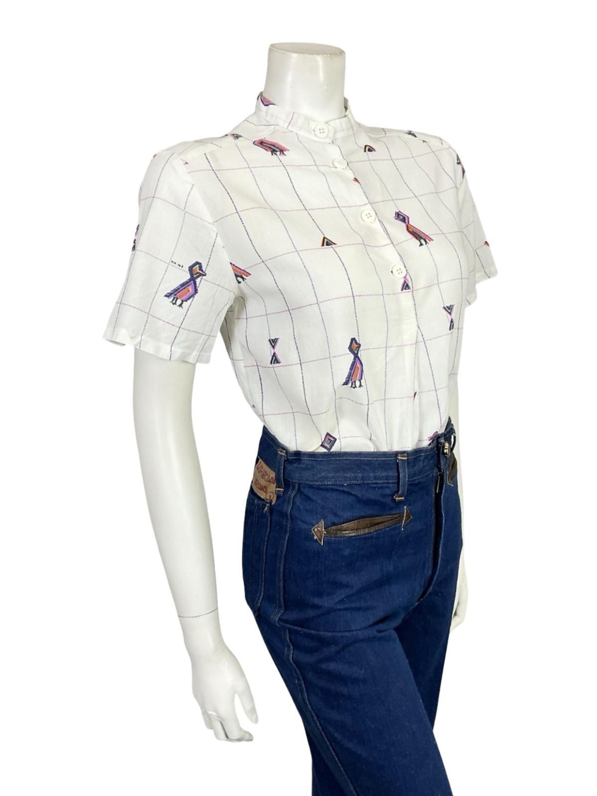 VTG 60S 70S WHITE PURPLE PINK GEOMETRIC GRID BIRD MANDARIN COLLAR CROP SHIRT 12