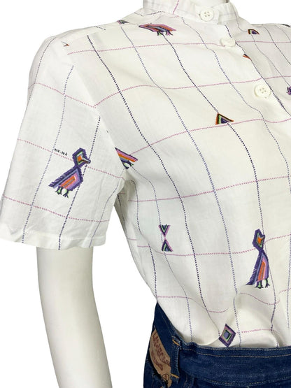 VTG 60S 70S WHITE PURPLE PINK GEOMETRIC GRID BIRD MANDARIN COLLAR CROP SHIRT 12