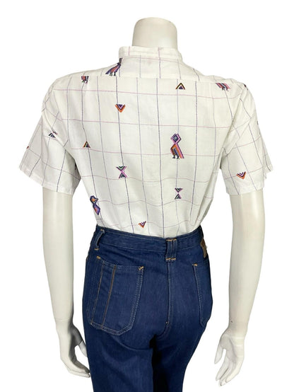 VTG 60S 70S WHITE PURPLE PINK GEOMETRIC GRID BIRD MANDARIN COLLAR CROP SHIRT 12