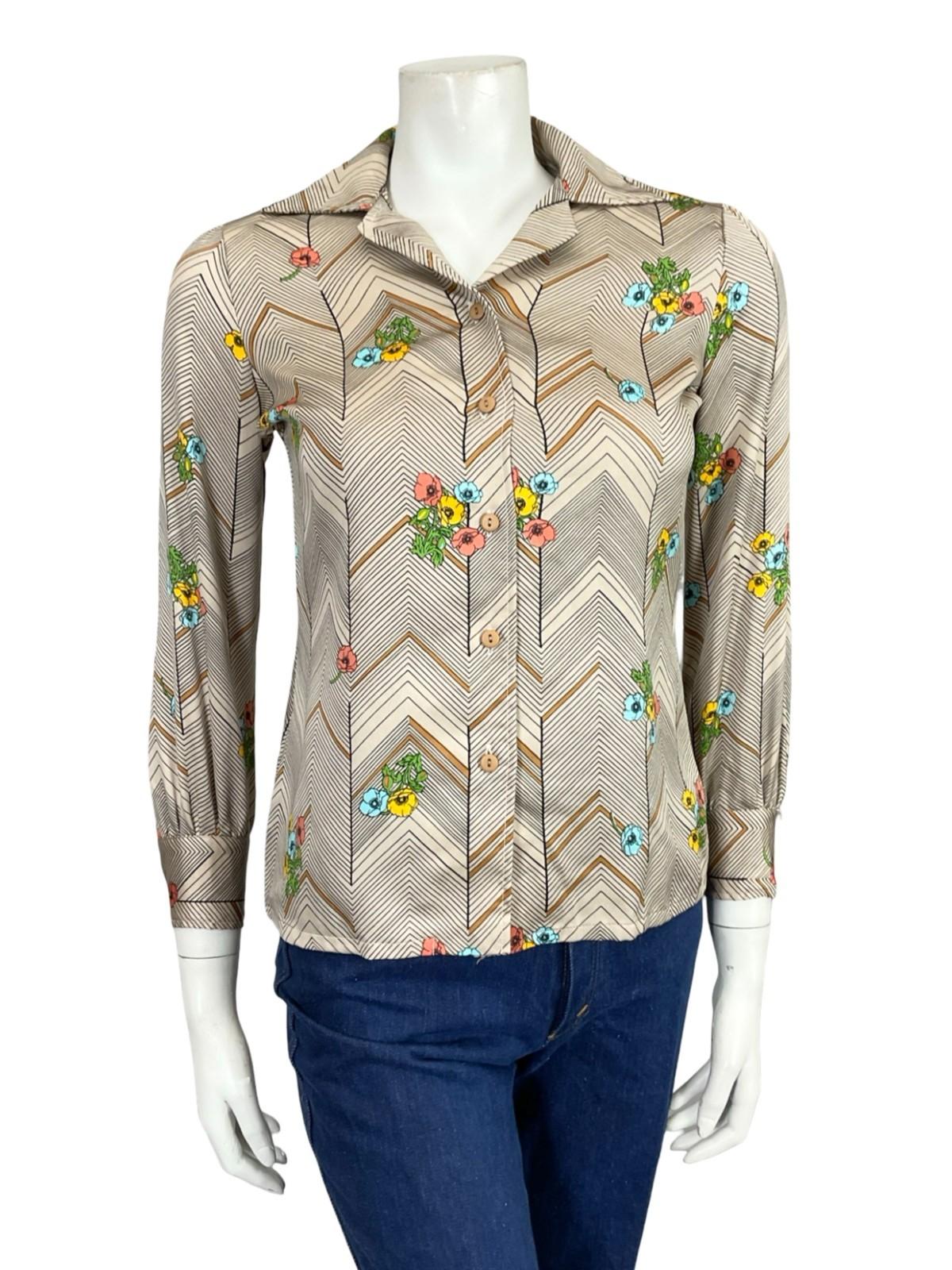 VTG 60S 70S BEIGE BLACK YELLOW BLUE PINK CHEVRON ZIG ZAG POPPY FLORAL SHIRT 8