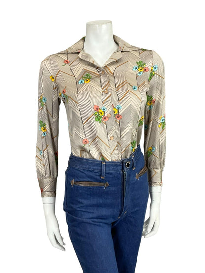 VTG 60S 70S BEIGE BLACK YELLOW BLUE PINK CHEVRON ZIG ZAG POPPY FLORAL SHIRT 8