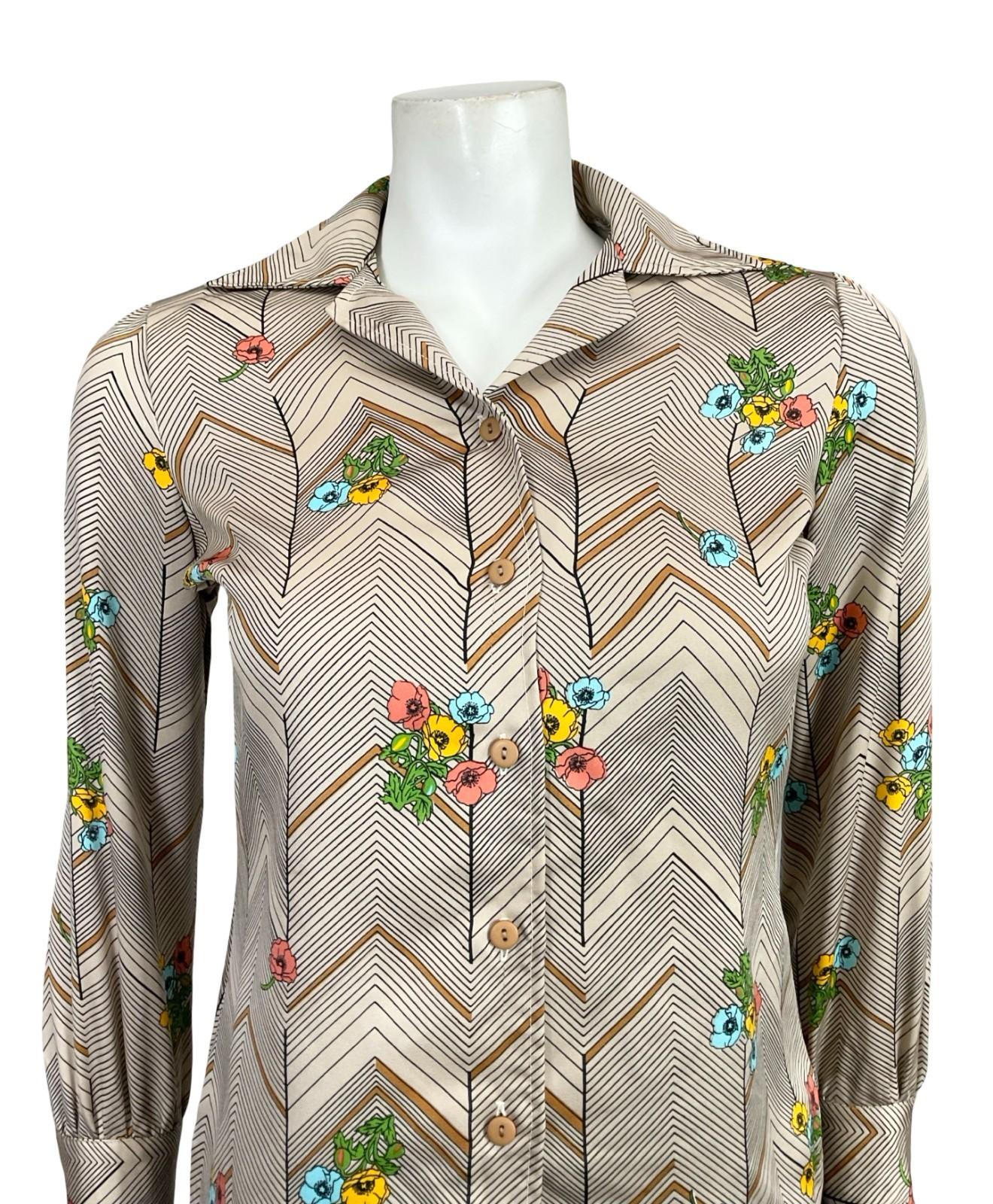 VTG 60S 70S BEIGE BLACK YELLOW BLUE PINK CHEVRON ZIG ZAG POPPY FLORAL SHIRT 8