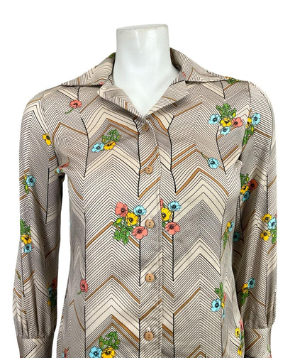 VTG 60S 70S BEIGE BLACK YELLOW BLUE PINK CHEVRON ZIG ZAG POPPY FLORAL SHIRT 8