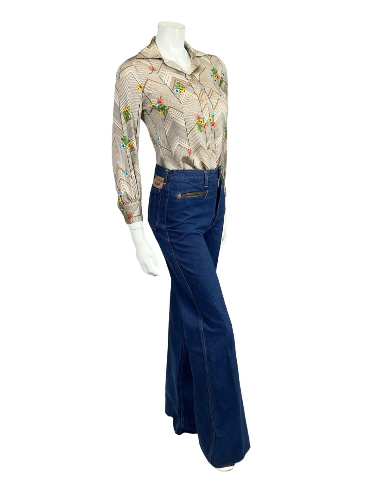 VTG 60S 70S BEIGE BLACK YELLOW BLUE PINK CHEVRON ZIG ZAG POPPY FLORAL SHIRT 8