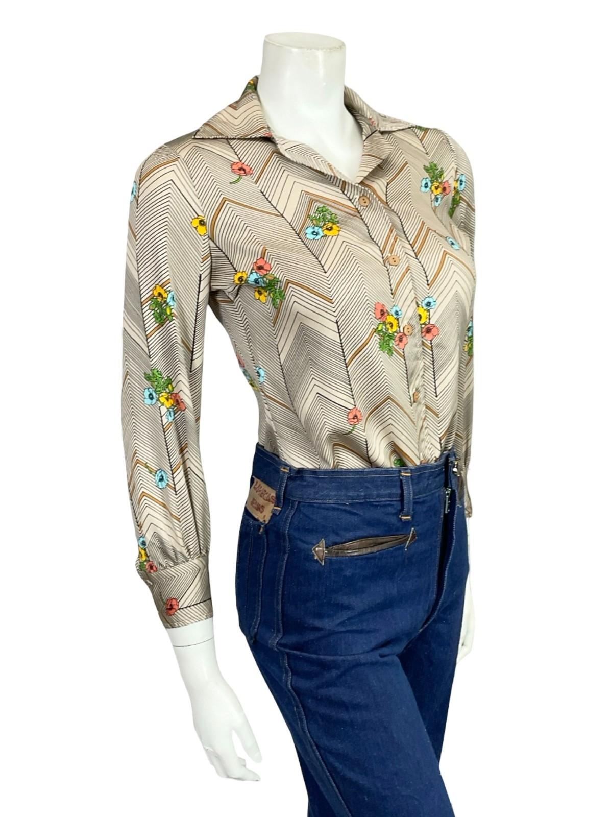 VTG 60S 70S BEIGE BLACK YELLOW BLUE PINK CHEVRON ZIG ZAG POPPY FLORAL SHIRT 8