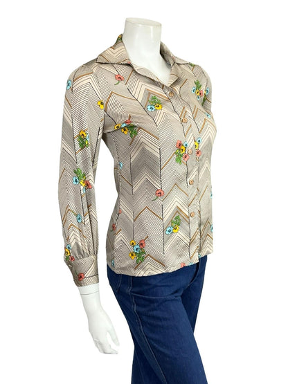 VTG 60S 70S BEIGE BLACK YELLOW BLUE PINK CHEVRON ZIG ZAG POPPY FLORAL SHIRT 8