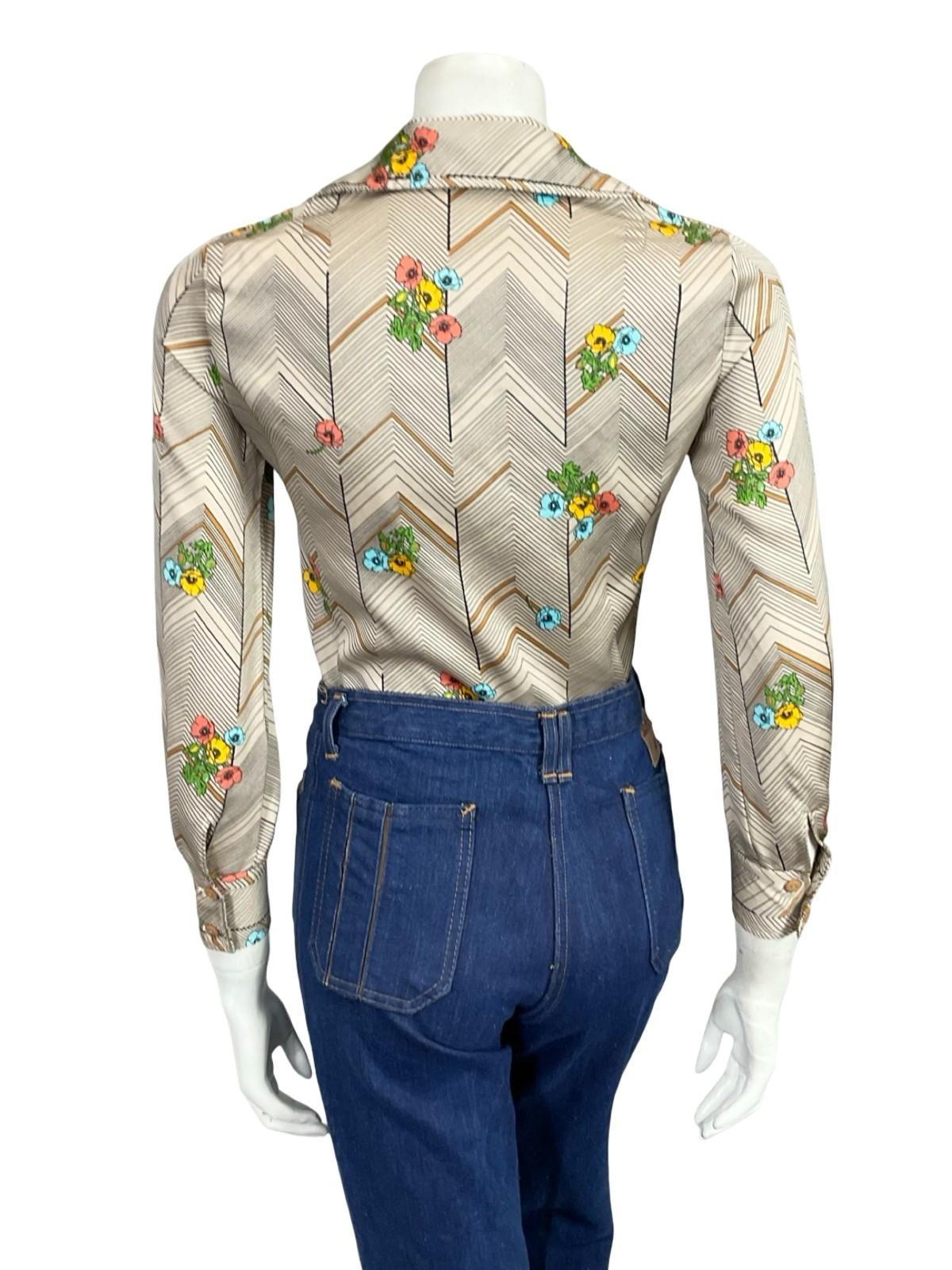 VTG 60S 70S BEIGE BLACK YELLOW BLUE PINK CHEVRON ZIG ZAG POPPY FLORAL SHIRT 8