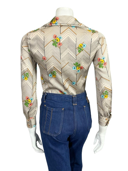 VTG 60S 70S BEIGE BLACK YELLOW BLUE PINK CHEVRON ZIG ZAG POPPY FLORAL SHIRT 8