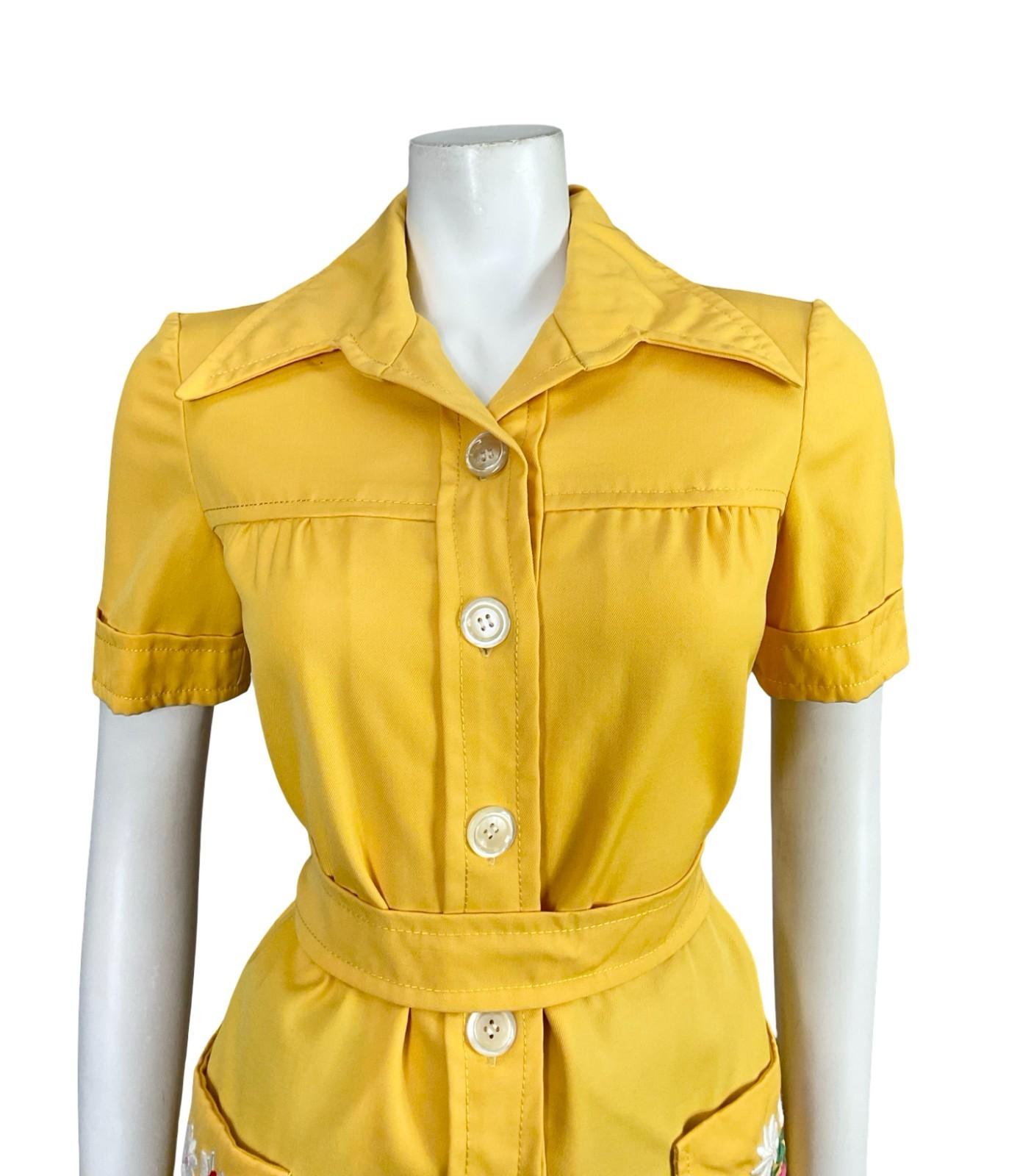 VTG 60S 70S YELLOW PINK WHITE GREEN FLORAL EMBROIDERED TIE WAIST DAGGER SHIRT 8