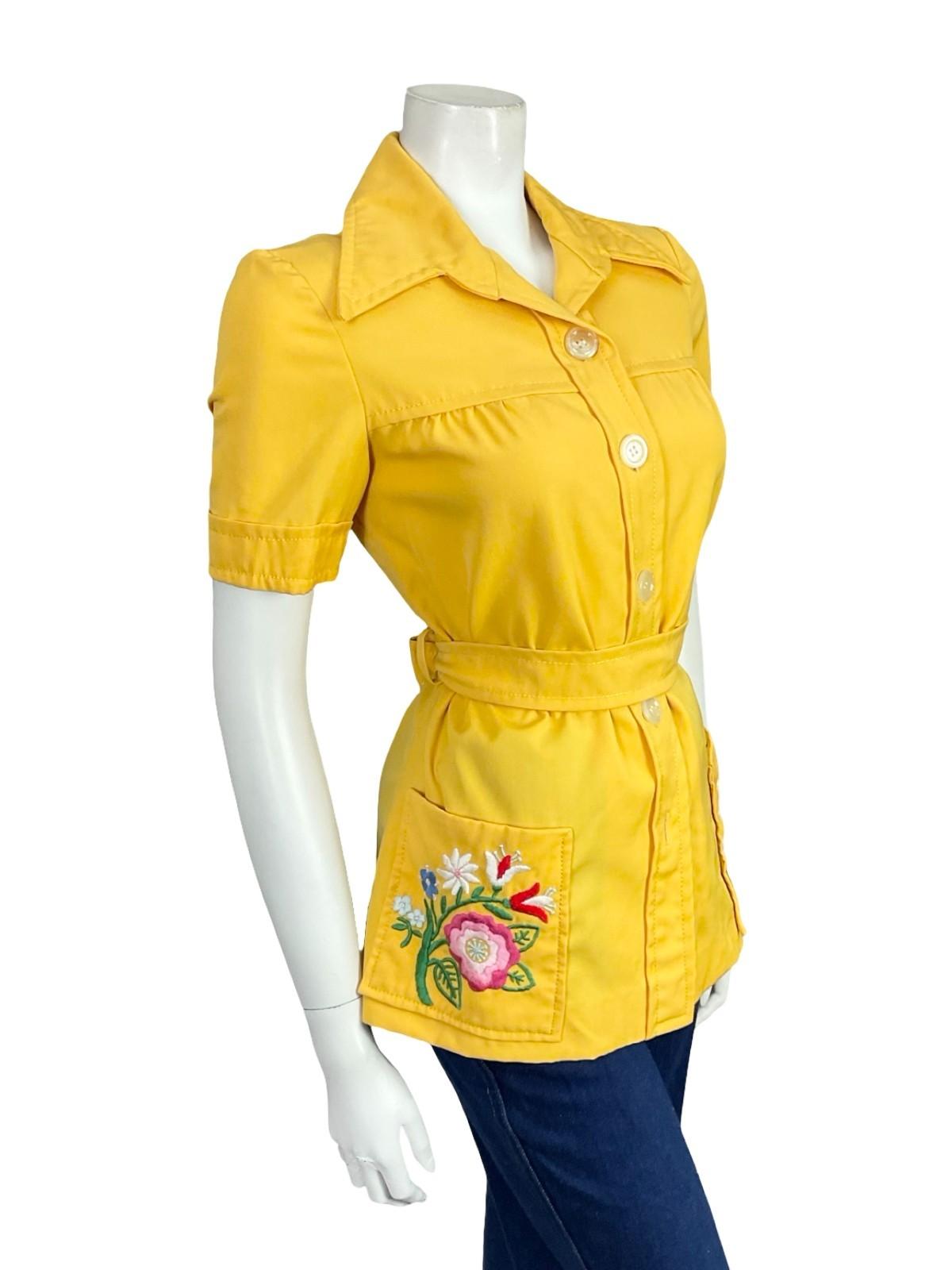 VTG 60S 70S YELLOW PINK WHITE GREEN FLORAL EMBROIDERED TIE WAIST DAGGER SHIRT 8