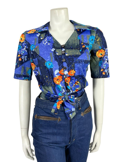 VTG 70S 80S BLUE ORANGE WING COLLAR ROSE FLORAL GEOMETRIC TIE CROP TOP 12 14 M