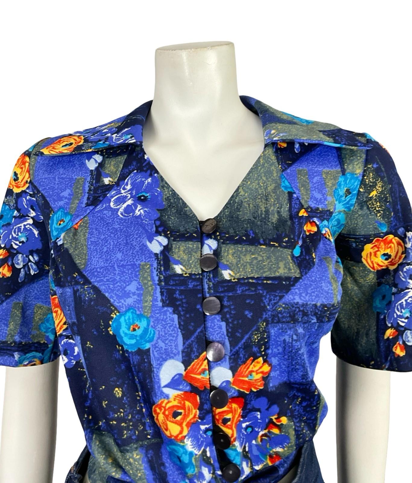 VTG 70S 80S BLUE ORANGE WING COLLAR ROSE FLORAL GEOMETRIC TIE CROP TOP 12 14 M