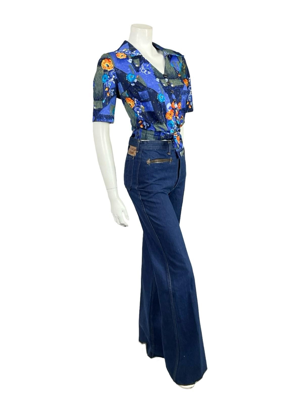 VTG 70S 80S BLUE ORANGE WING COLLAR ROSE FLORAL GEOMETRIC TIE CROP TOP 12 14 M