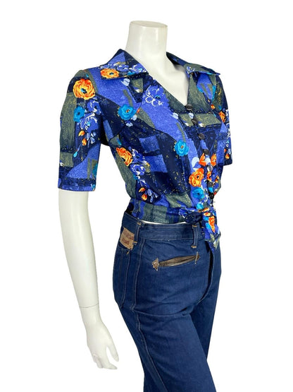 VTG 70S 80S BLUE ORANGE WING COLLAR ROSE FLORAL GEOMETRIC TIE CROP TOP 12 14 M