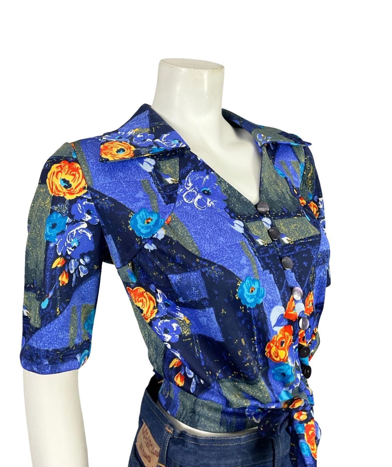 VTG 70S 80S BLUE ORANGE WING COLLAR ROSE FLORAL GEOMETRIC TIE CROP TOP 12 14 M