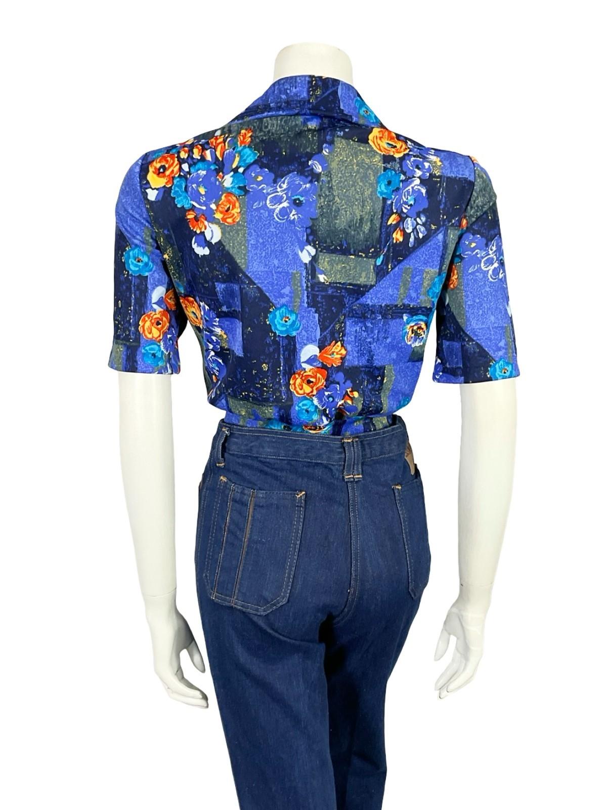 VTG 70S 80S BLUE ORANGE WING COLLAR ROSE FLORAL GEOMETRIC TIE CROP TOP 12 14 M