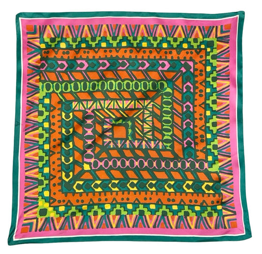VTG 60S 70S PINK GREEN ORANGE YELLOW GEOMETRIC AZTEC ZIG ZAG SQUARE SCARF