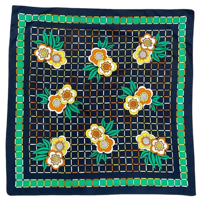 VTG 60S 70S NAVY BLUE GREEN YELLOW ORANGE GEOMETRIC GRID FLORAL SCARF