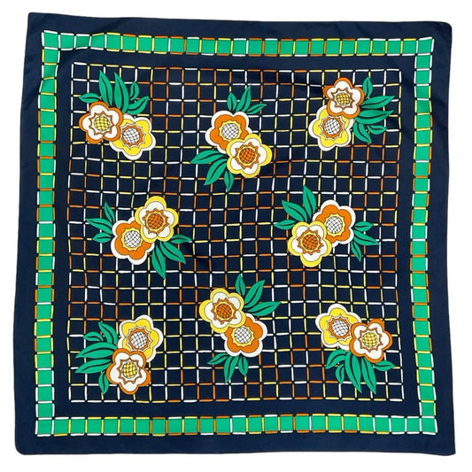 VTG 60S 70S NAVY BLUE GREEN YELLOW ORANGE GEOMETRIC GRID FLORAL SCARF