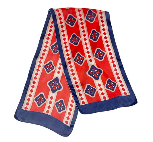 VTG 60S 70S NAVY BLUE RED BEIGE GEOMETRIC DIAMOND MOD TILE PRINT SCARF