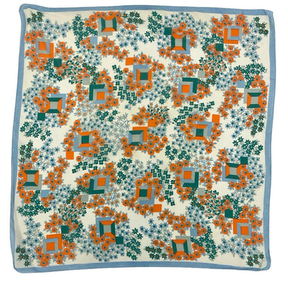 VTG 60S 70S ORANGE BLUE GREEN WHITE GEOMETRIC FLORAL SQUARE MOD SCARF