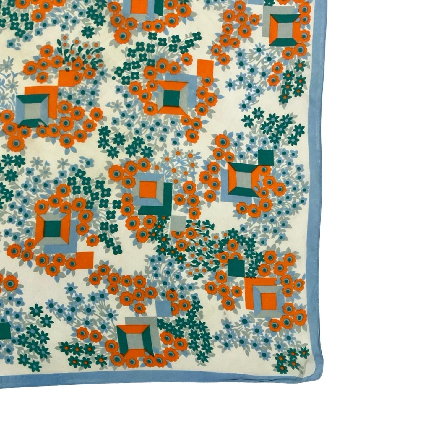 VTG 60S 70S ORANGE BLUE GREEN WHITE GEOMETRIC FLORAL SQUARE MOD SCARF