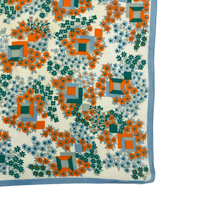 VTG 60S 70S ORANGE BLUE GREEN WHITE GEOMETRIC FLORAL SQUARE MOD SCARF