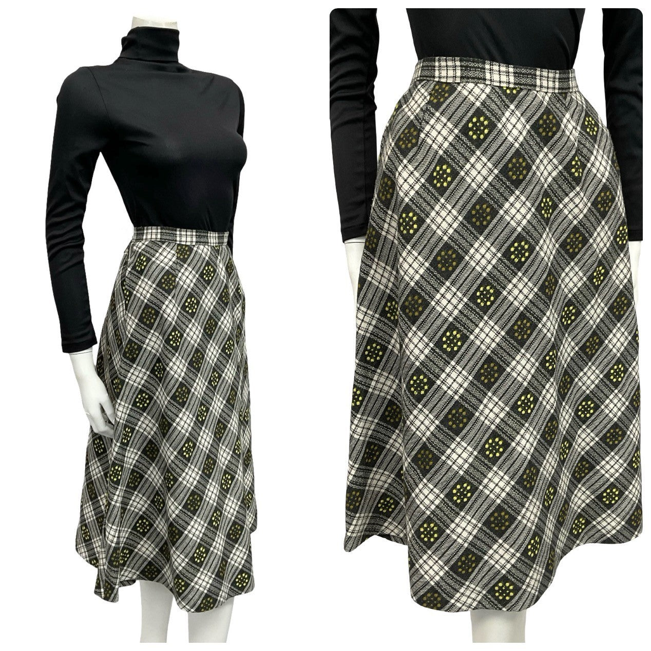 Mannequin wears a 60s 70s black white and yellow plaid floral print midi skirt with a black turtleneck 