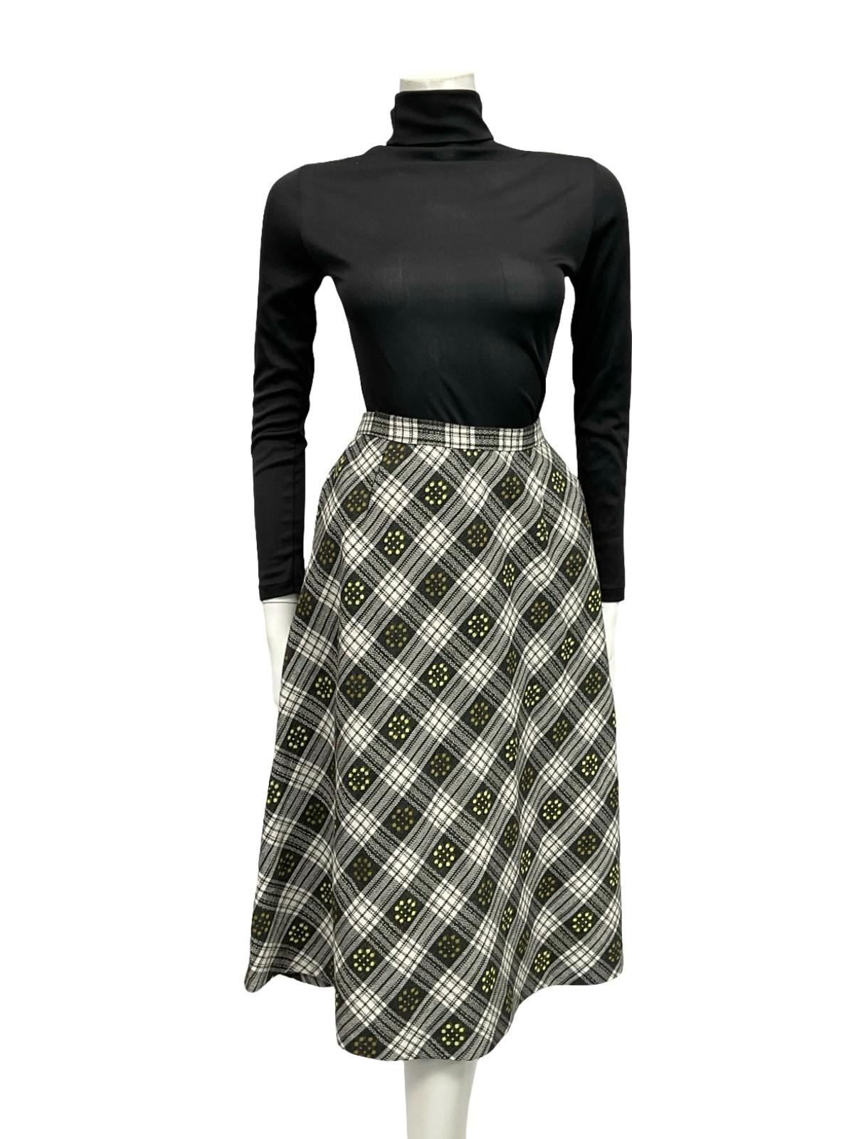 VTG 60S 70S GREY WHITE YELLOW PLAID DOTTY WOOL SECRETARY MIDI SKIRT 8
