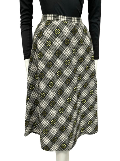 VTG 60S 70S GREY WHITE YELLOW PLAID DOTTY WOOL SECRETARY MIDI SKIRT 8